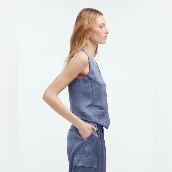 madewell button front vest top in sunfaded indigo - Picture 4 of 6